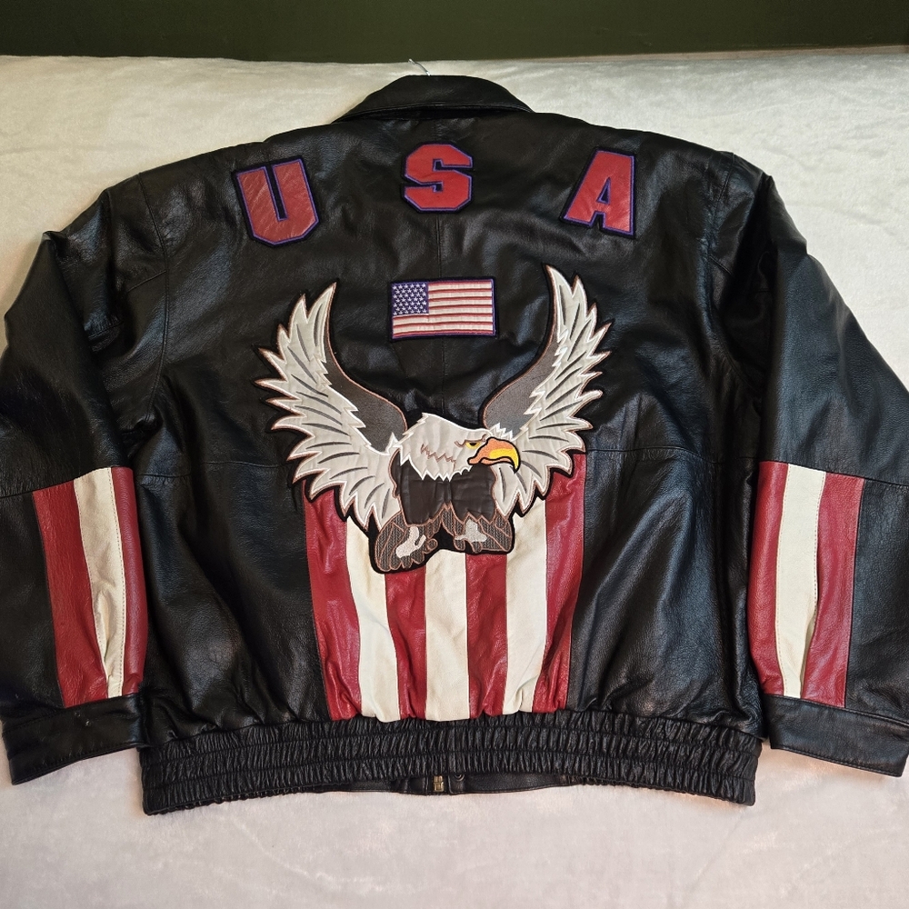 Men's Leather Jacket Maxam Eagle USA Eagle Size 2XL Flag Pockets Moto